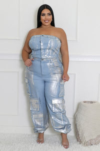 "Platinum Edition" Silver Metallic Foil Print & Denim Jumpsuit